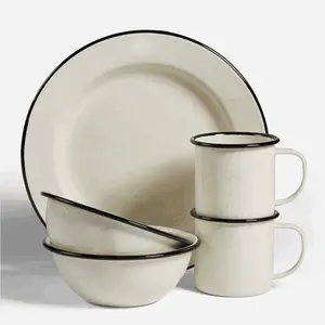 Magfrasco European American Style Logo Printing Metal Vintage Kitchen / Outdoor Camping White Enamel Plate with Mug Bowl