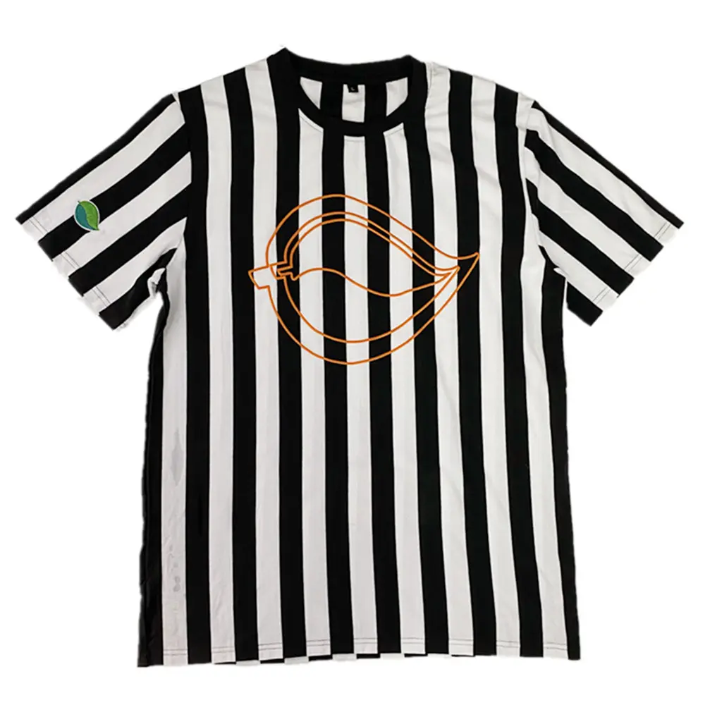 Yaz düzenli toptan yuvarlak boyun beyaz ve siyah dikey çizgili nakış logosu desen erkek T shirt