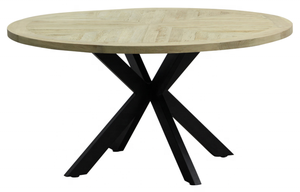 Tavolo da pranzo rotondo KVJ-8409 con base in metallo francese resistente, gambe in ferro e piano in <span class=keywords><strong>parquet</strong></span> di <span class=keywords><strong>rovere</strong></span> <span class=keywords><strong>bianco</strong></span> sbiancato. - Product Image 3