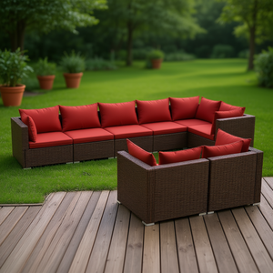 Ensemble de salon de jardin rouge cannelle en rotin brun, mobilier d'extérieur 10 places, design contemporain, résistant aux intempéries - Product Image 2