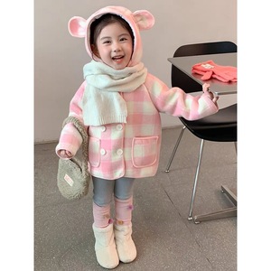 Child Star Circle Girls' Plaid Wool Coat Thickened Windproof Autumn Winter Outwear For Little Girls With Hood And Pockets - Product Image 1
