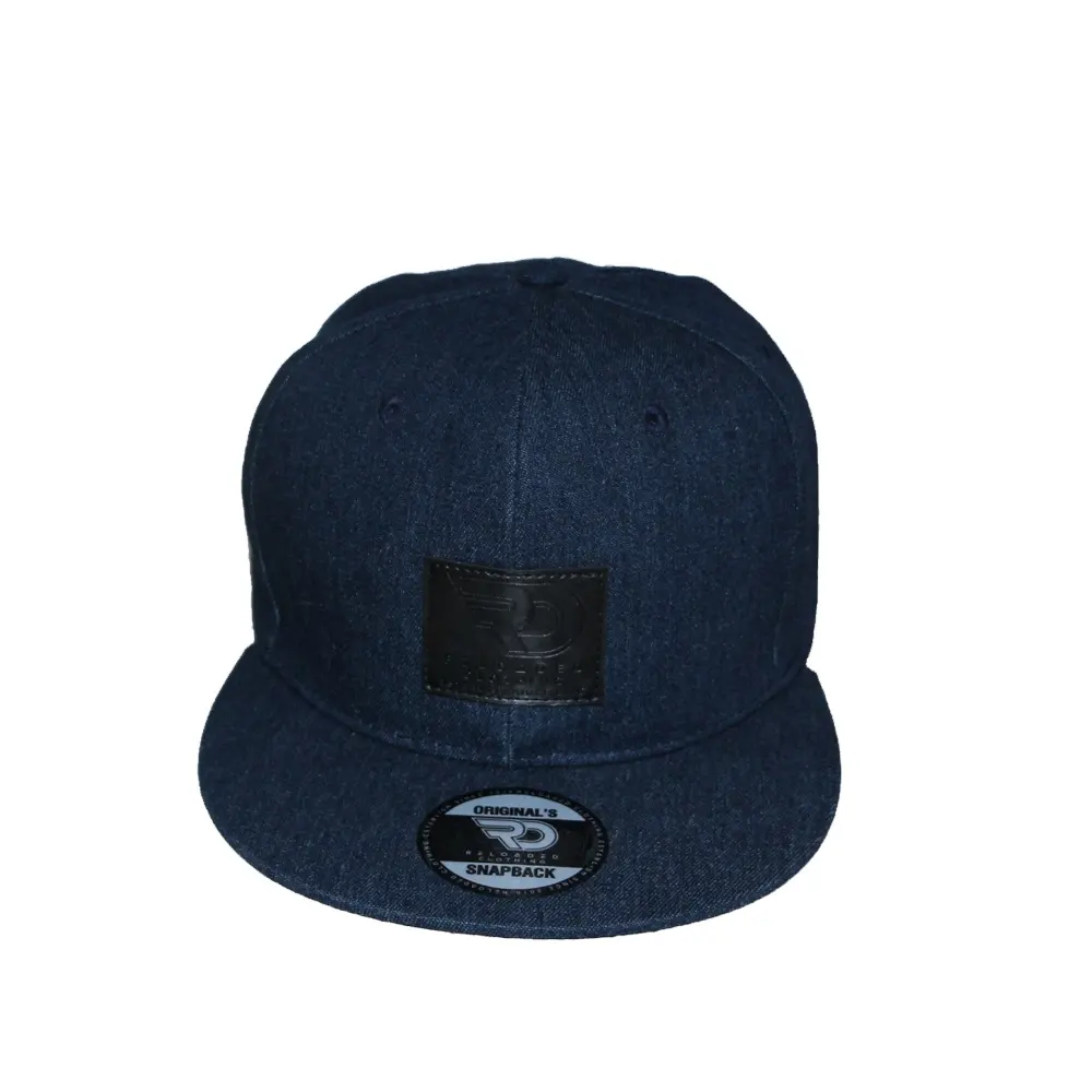 Получите бесплатный образец, модный дизайн, печать логотипа, защелкивающаяся крышка/синяя джинсовая Снэпбэк шляпа с бейджем из ПУ, китайская фабрика, дешевая шляпа на заказ