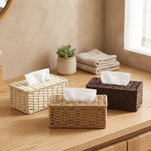 Handmade Woven Tissue <b>Box</b> Cover Rectangular Natural Brown <b>Beige</b> Nordic Style Desktop <b>Storage</b> - Product Image 2