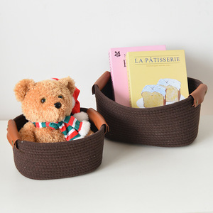 Home cotton <b>rope</b> woven <b>basket</b> <b>storage</b> <b>basket</b> for clothes, sundries, toys, with leather handles, large desktop <b>basket</b> - Product Image 2