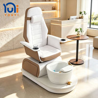 Fauteuil de pédicure électrique inclinable et rotatif en PU blanc et marron avec baignoire à pieds en céramique pour salon de beauté des ongles
