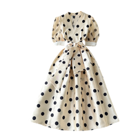 Robes midi élégantes à manches bouffantes pour femmes avec ceinture à nouer, imprimé à pois, pour le printemps, l'été, les banquets et les soirées