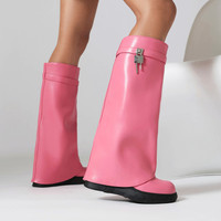Femmes Arqa Fold Over Knee High Boot Platform Heel Padlock Boots with Zipper Biker Shoes for Women Plus Size 43 45 48 Women Boots