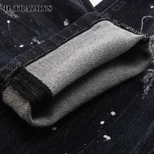 أزياء الرجال مستقيم مرنة مخصصة العلامة التجارية ضئيلة تناسب الدنيم سحاب الثقوب السوداء النمط الأوروبي الرجال الجينز حجر الراين - Product Image 5