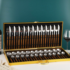 Stainless Steel Cutlery Set 36 Piece Wooden Handle Dishwasher Safe Western Style Steak Knife Fork Spoon Gift <b>Box</b> - Product Image 2