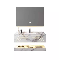 Meuble de salle de bain mural moderne double couche en ardoise, résistant à l'eau, avec miroir LED et vasque en céramique intégrée