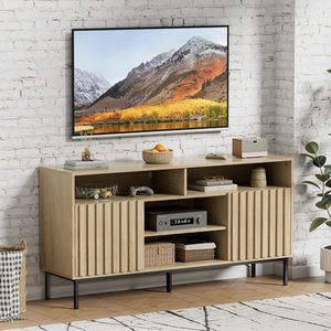 Metà secolo moderno <span class=keywords><strong>TV</strong></span> Stand Cabinet <span class=keywords><strong>in</strong></span> legno naturale centro di intrattenimento scaffali di stoccaggio per <span class=keywords><strong>50</strong></span>/55/60/65 <span class=keywords><strong>pollici</strong></span> TVs per soggiorno - Product Image 1