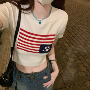 Nouveau T-shirt court tricoté rayé Spice Girls été 2024 pour femme, taille haute amincissante, polyvalent, style Ins - Product Image 6