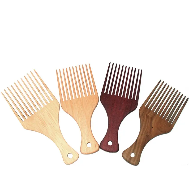 Custom Natural Non-Static Long Tooth Detangling Wooden Beard Hair Pick Comb for Women Men
