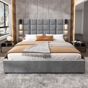Cadre de lit capitonné réglable de luxe moderne taille Queen avec tête de lit en velours, port USB, applique murale lumineuse, cadre en bois de chêne - Product Image 2