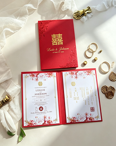 Chinese hardcover folio huwelijksuitnodiging op maat, rode folie roosrand, tweetalig, bloemrijk, oosterse fusion huwelijksuitnodigingen kaart - Product Image 1
