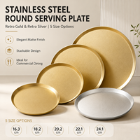 Plateau de service rond en acier inoxydable, plat de présentation peu profond en métal pour restaurant, hôtel, café, boulangerie, desserts, vaisselle multi-tailles