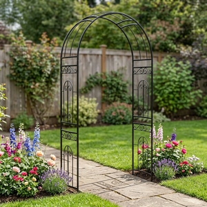 Black Metal Garden Arch <b>Trellis</b> with Decorative Scroll Design Climbing Plant Support for <b>Roses</b> Vines Outdoor Path Decor - Product Image 6