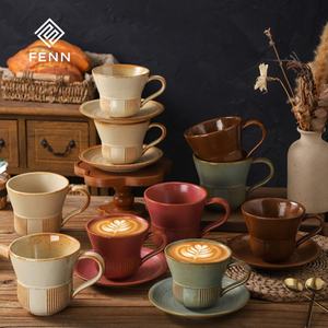 Tasse à café et soucoupe en céramique rétro vintage FENN, forme de corne unique, poterie en argile, tasse à café <span class=keywords><strong>latte</strong></span>, tasse japonaise faite à la main pour café - Product Image 1