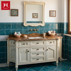 Meuble-lavabo double vasque classique français Happy Houses, sur mesure, blanc antique, en bois massif, avec plateau en marbre brun, pour villa et <span class=keywords><strong>maison</strong></span> - Product Image 4