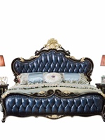 Lit en cuir véritable de style européen Fuanhe avec sculptures en bois massif, coussin moelleux, personnalisable pour chambre principale, lit double de 1,8 m