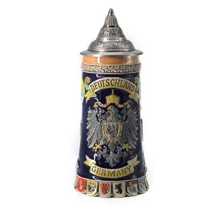 Beer Stein Beer Mug German Coats of Arms Engraved Tankard with Pewter Lid for Gifts Souvenirs 0.6 Liter