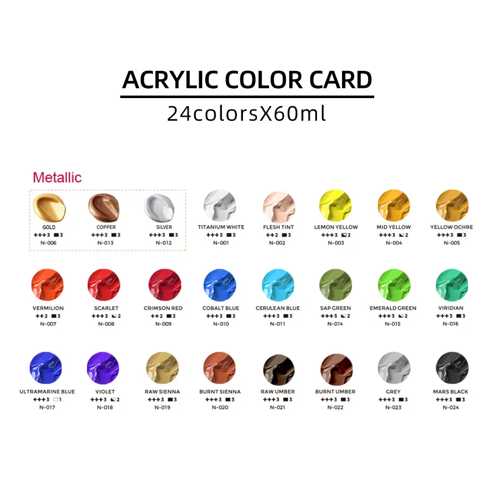 Xin Bowen 60ML Acryl-Farbset 24 Farben mit metallischen Farben künstlerische Qualität umweltfreundliche Kunstmaterialien Pigment