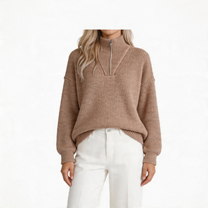 Pull-over col roulé demi-zip en maille côtelée épaisse de qualité supérieure, coupe décontractée à épaules tombantes, motif côtelé vertical - Product Image 1