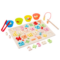 Jouets éducatifs sensoriels Montessori en bois naturel 3 en 1 : jeu de pêche lettres et chiffres, puzzle alphabet multicolore pour la coordination œil-main