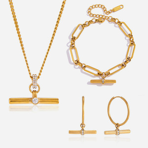 Ensemble de bijoux en acier inoxydable avec zircon, collier, bracelet et boucles d'oreilles géométriques pour femmes - Product Image 1