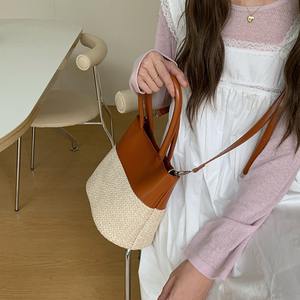 Summer Straw Tote <b>Bag</b> Brown White <b>Patchwork</b> Weaving Magnetic Buckle Everyday Outfits Spring 2024 - Product Image 4