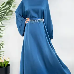 YWQS Rhinestone Belt Women's Satin Dress Elegant Noble Middle Eastern Malay Robe Abaya Plus Size Muslim abaya dobai