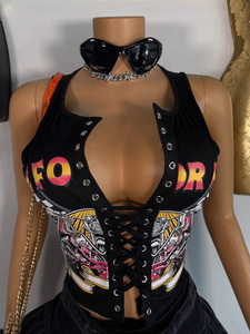 Top Senza Maniche <span class=keywords><strong>con</strong></span> Stampa Lettering e Lacci, Collo a V, Traforato, Sexy, per Club e Feste, Stile Streetwear, Estate 2026 - Product Image 4