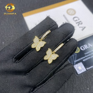 Boucles d'oreilles créoles tendance en argent 925, style hip-hop, serties de diamants et de moissanite VVS, motif papillon, pour <span class=keywords><strong>femme</strong></span>, en gros - Product Image 6