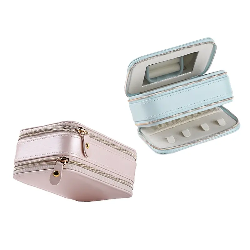 Pink Blue Leather Travel Jewelry Zipper Case Storage Organizer Jewelry box