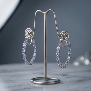 Boucles d'oreilles créoles ovales Tanzanite Top Quilt 3x5mm, argent sterling, pierres précieuses violettes et bleues, élégantes, pour femme, cadeau - Product Image 5
