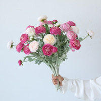 Fleurs artificielles haut de gamme en soie floquée, pivoines et lotus, à 3 têtes, ornements de décoration intérieure pour mariage, diffusion en direct, vente en gros