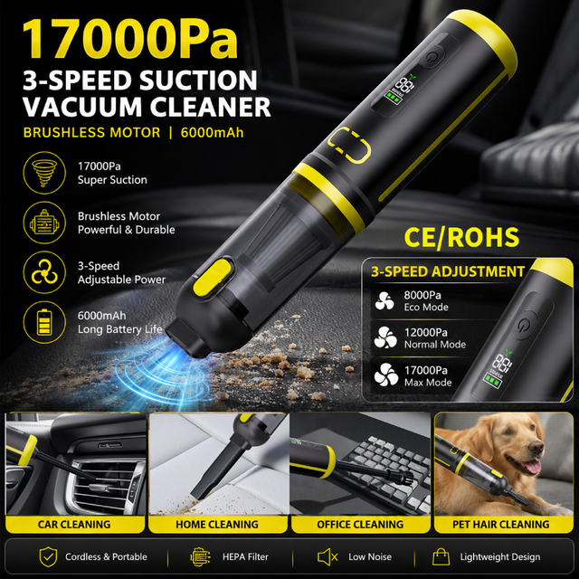 Brushless Motor Portable Vacuum Cordless Vacuum with Crevice Tool Handheld Pet Vacuum Car Vacuum for Dog Hair