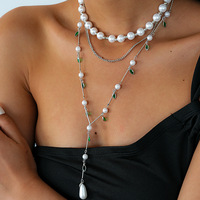 Collier ras du cou superposé pour femme, plaqué argent, avec perles et pendentifs feuille verte, style mode, OEM/ODM