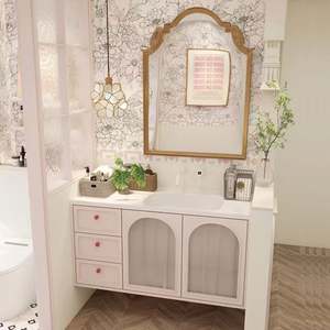 French Romantic Pink <b>Wood</b> Bathroom Cabinet Easy to Clean Single Bathroom <b>Vanity</b> with extra Large Space - Product Image 6