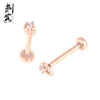 Labret sans filetage en acier inoxydable 316L plaqué or avec sertissage griffe et centre en zircone cubique, style à enfiler
