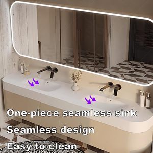 Meuble-lavabo mural de luxe moderne à double tiroir avec comptoir intégré et armoire miroir LED intelligente anti-buée - Product Image 5