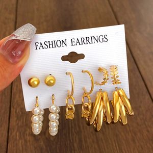 EH019 Juego de 6 Piezas de Aretes de Moda con Perlas Retorcidas y Aros Geométricos, Joyería de Diseño - Product Image 3