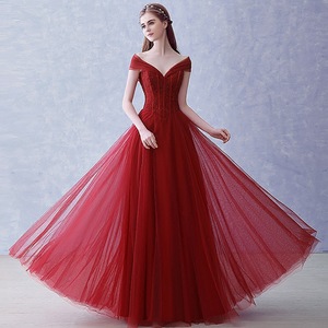 Red Off-Shoulder Long Evening Gown Ball Gown Chiffon Deep V Neckline Natural Waistline For Brides Toasting Dress Performance - Product Image 2