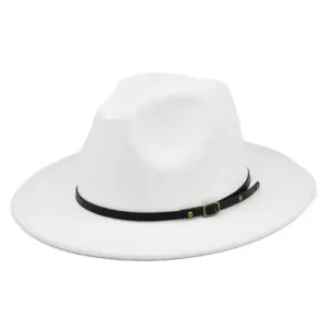 Fedora Hats with Belt Wide Brim Wool Felt Panama Hat Casual Sun Jazz Hats for Men Women