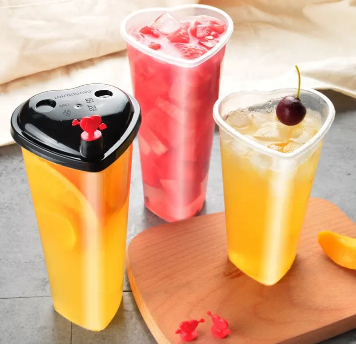16oz 22oz 24oz Heart Shape Injection Molding PP Hard Cups Plastic Boba Milk Bubble Tea Drinking Cup Containers with Heart Lid