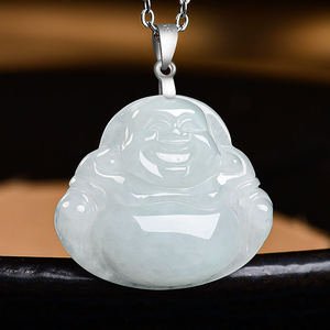 Pendentif Bouddha souriant en jadéite naturelle du Myanmar, collier en argent S925, pendentif en jadéite de qualité glace. - Product Image 4