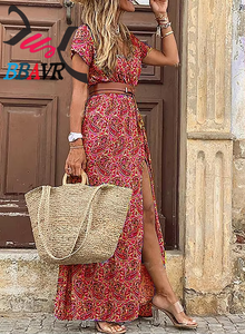 Wholesale New Retro Design Women's V-neck Short Sleeve Fashionable Bohemian Causal <b>Style</b> Lady's Floral Dress Casual Dress Women - Product Image 5