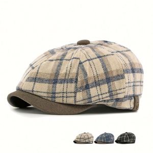 Gorro Cálido de Invierno para Hombre y Mujer, Gorra Octogonal Estilo Británico Vintage a Rayas y Cuadros con Forro Polar - Product Image 1
