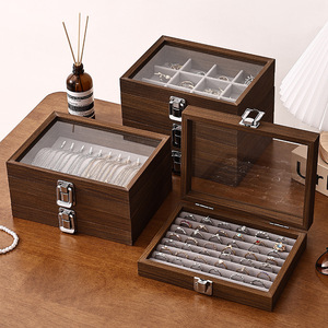 Dropshipping Shopify Walnut Jewelry <b>Box</b> Leather Organizer with Lid for <b>Earrings</b> Rings Necklaces Bracelets Storage Case - Product Image 2
