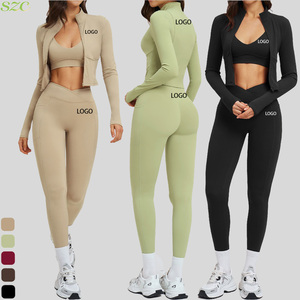 Conjunto de Yoga de Tres Piezas para Mujer de Alta Calidad, Spandex/Nylon, Sujetador Deportivo Sin Costuras a Prueba de Impactos, Chaqueta con Cierre, Leggings de Cintura Alta con Efecto Levanta Glúteos - Product Image 1
